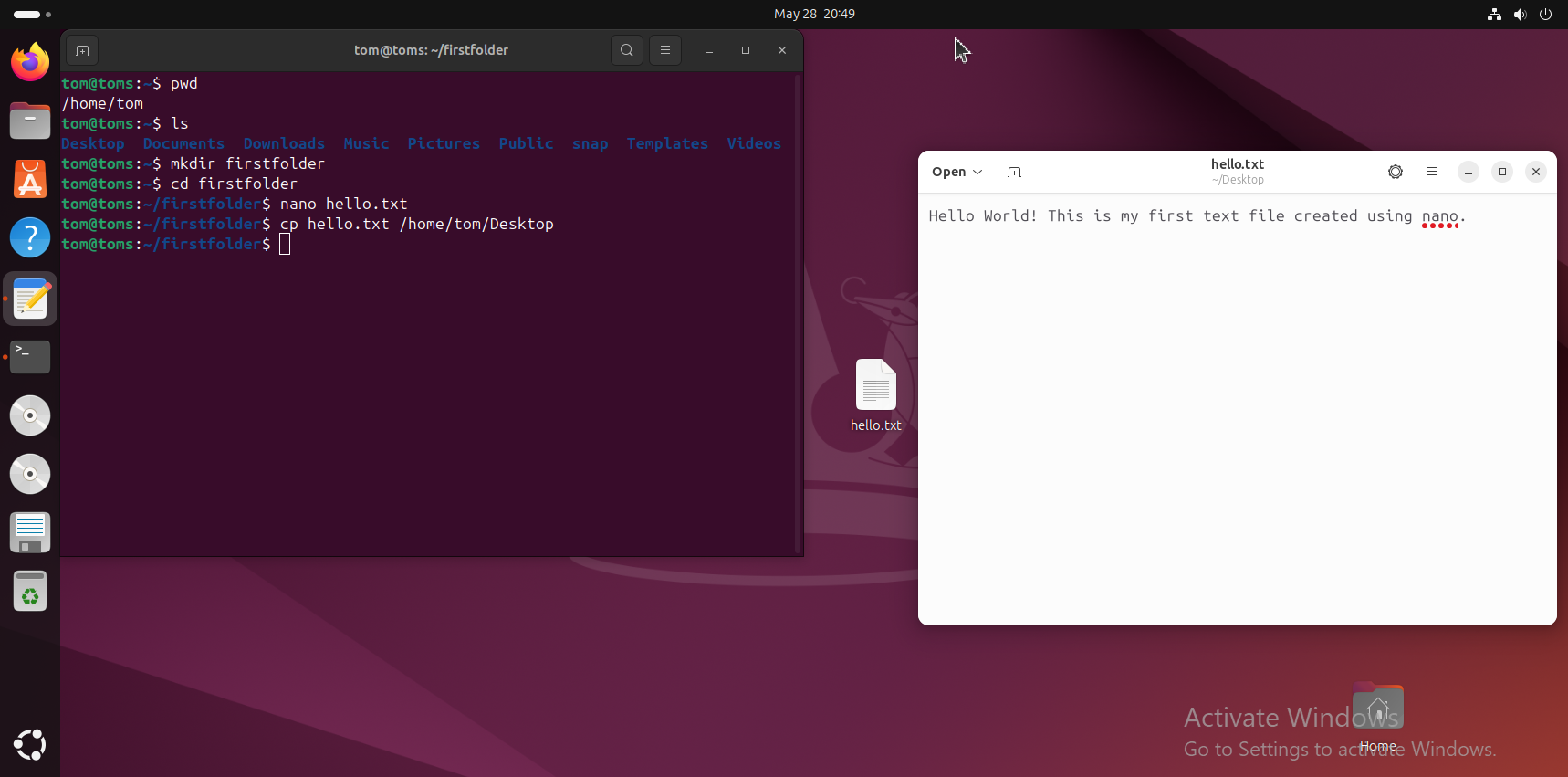 hello.txt opened from the desktop